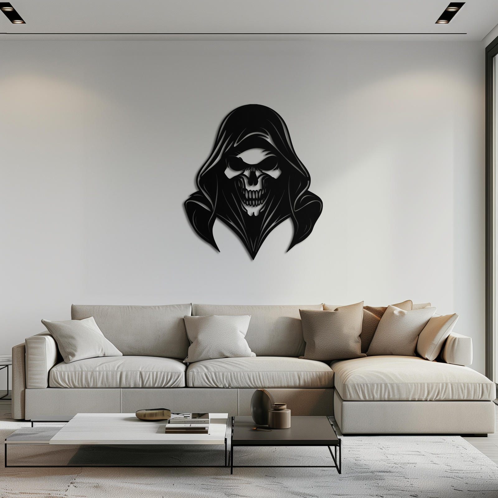 Grim Reaper Hooded Skull Metal Wall Art – Dark Gothic Horror Silhouette Design- KAF637
