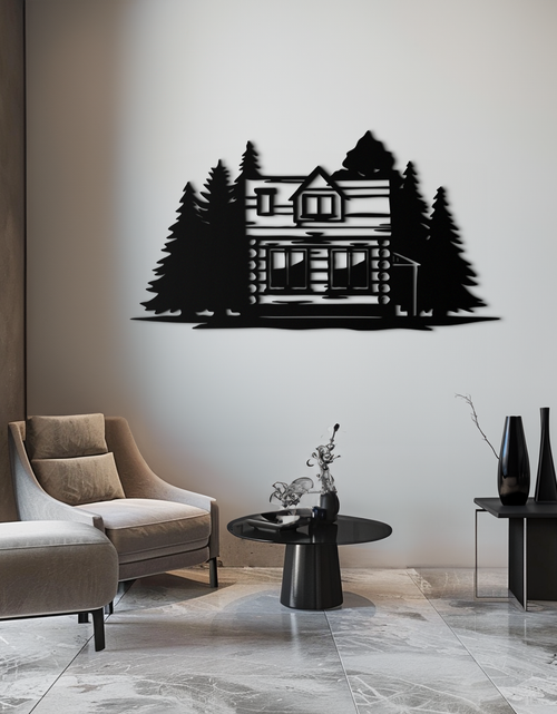 Load image into Gallery viewer, Mountain Log Cabin Metal Wall Art – Nature Inspired Outdoor Wall Decor for Home & Lodge- KAF640