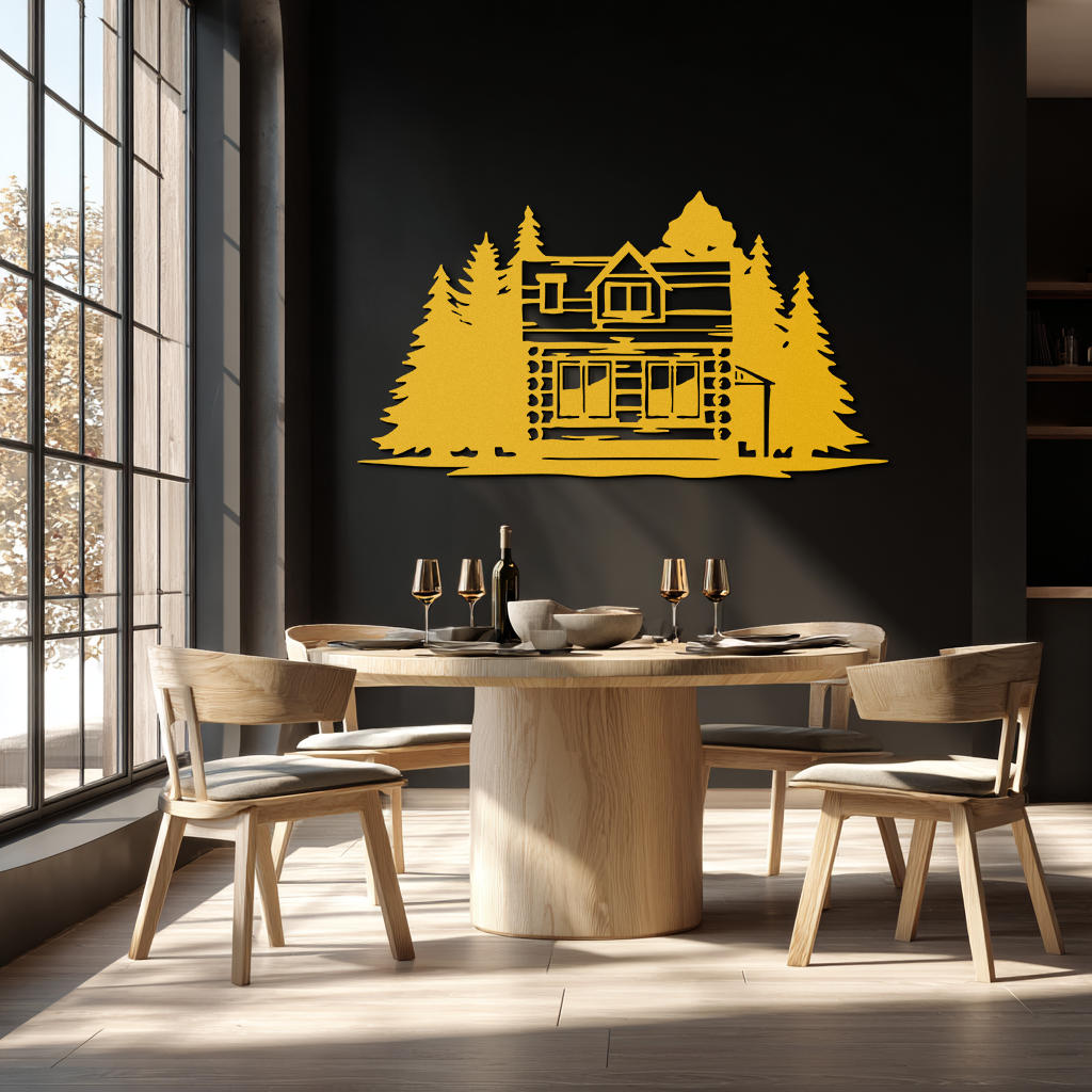 Mountain Log Cabin Metal Wall Art – Nature Inspired Outdoor Wall Decor for Home & Lodge- KAF640