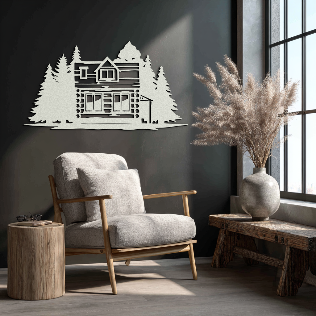 Mountain Log Cabin Metal Wall Art – Nature Inspired Outdoor Wall Decor for Home & Lodge- KAF640