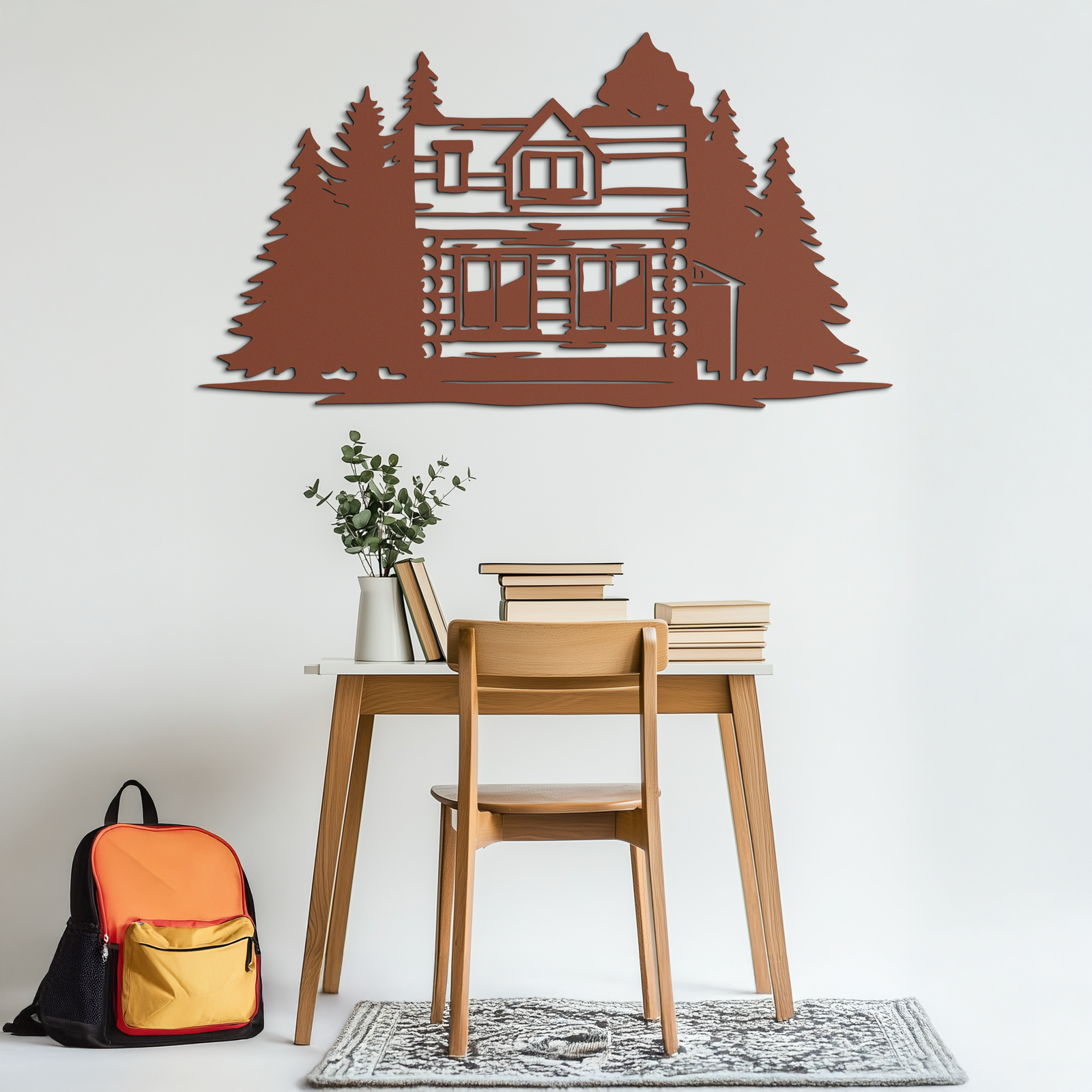 Mountain Log Cabin Metal Wall Art – Nature Inspired Outdoor Wall Decor for Home & Lodge- KAF640