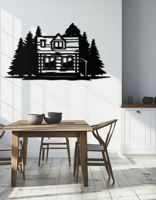 Load image into Gallery viewer, Mountain Log Cabin Metal Wall Art – Nature Inspired Outdoor Wall Decor for Home & Lodge- KAF640
