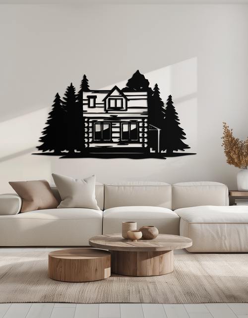 Load image into Gallery viewer, Mountain Log Cabin Metal Wall Art – Nature Inspired Outdoor Wall Decor for Home & Lodge- KAF640