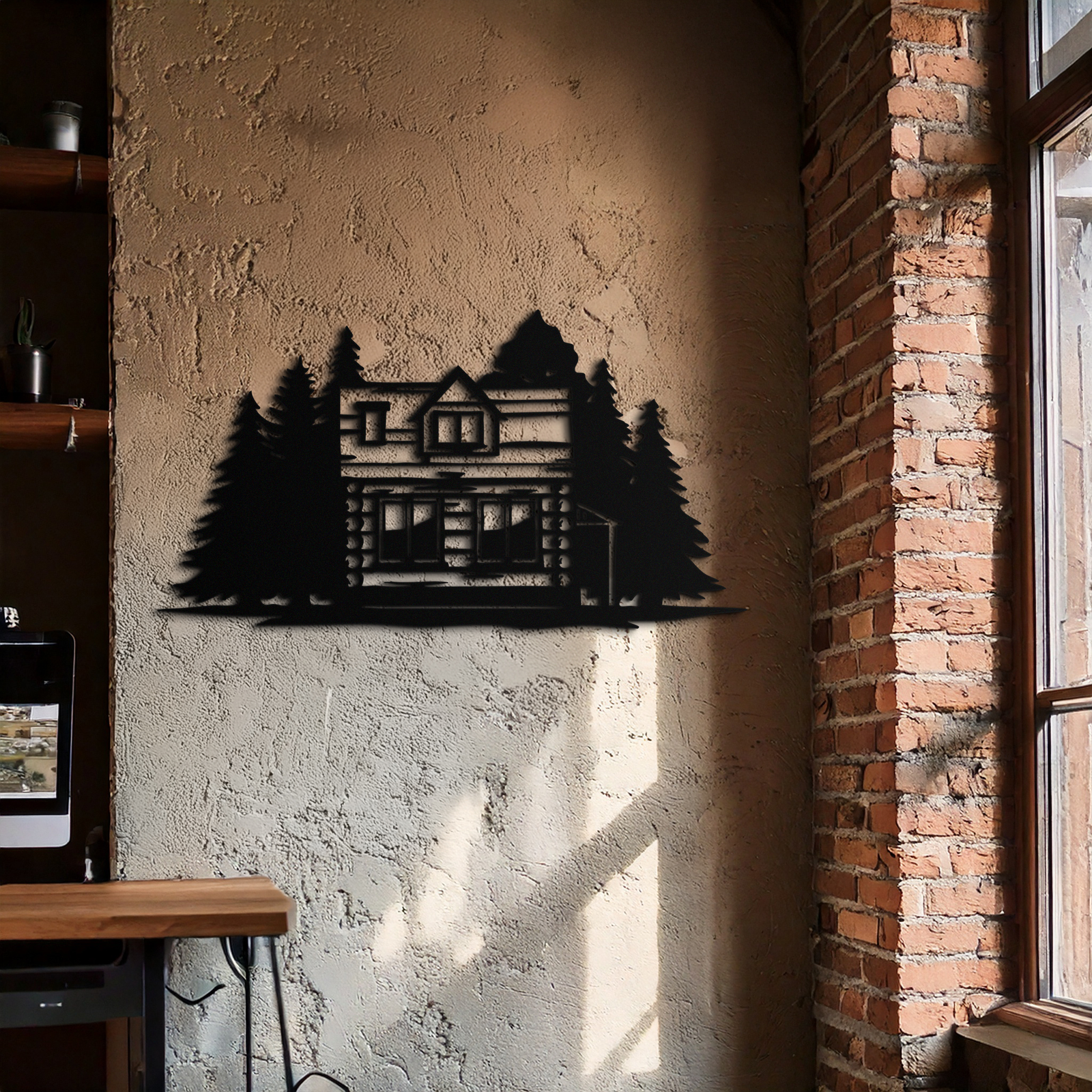 Mountain Log Cabin Metal Wall Art – Nature Inspired Outdoor Wall Decor for Home & Lodge- KAF640