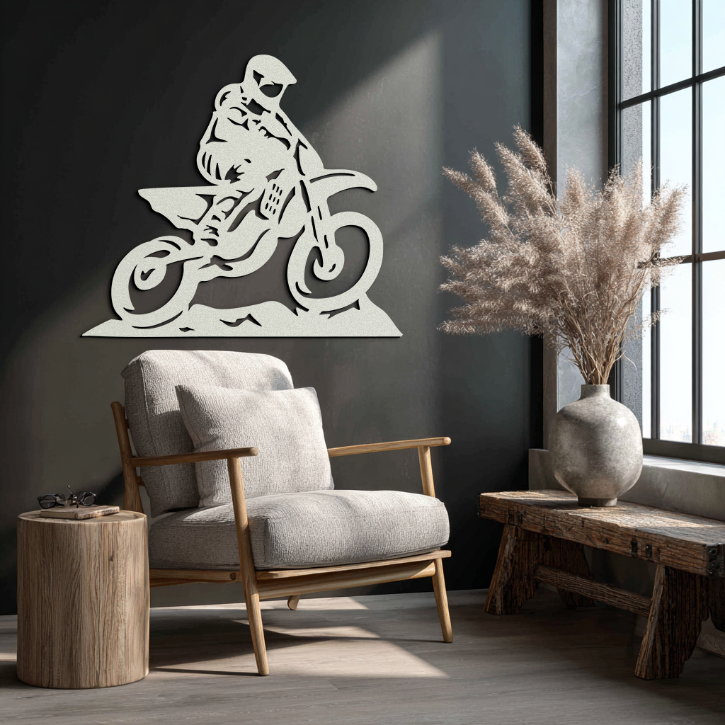Dynamic Motocross Rider Metal Wall Art – Off-Road Motorcycle Silhouette Decor - KAF645