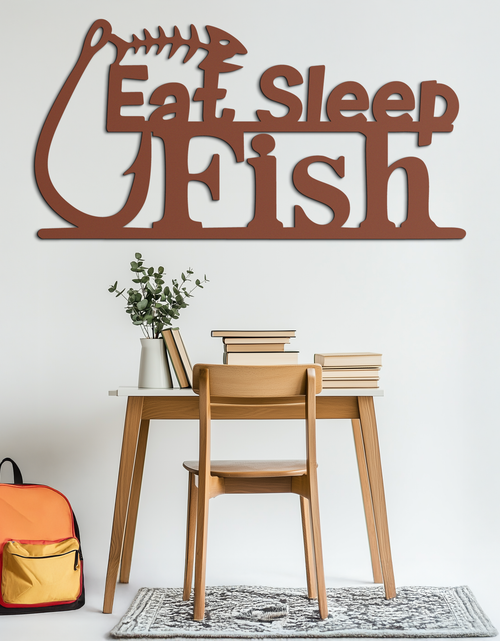 Load image into Gallery viewer, "Eat, Sleep, Fish" Metal Wall Art – Fishing Enthusiast Design with Hook and Phrase- KAF670