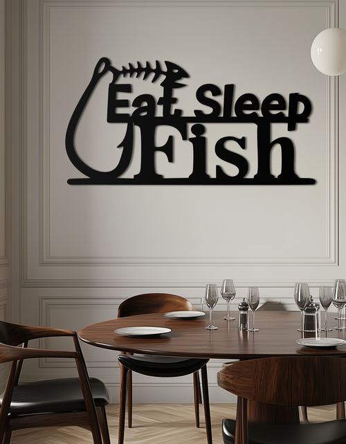 Load image into Gallery viewer, "Eat, Sleep, Fish" Metal Wall Art – Fishing Enthusiast Design with Hook and Phrase- KAF670