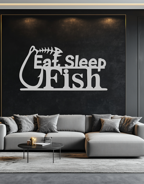Load image into Gallery viewer, "Eat, Sleep, Fish" Metal Wall Art – Fishing Enthusiast Design with Hook and Phrase- KAF670