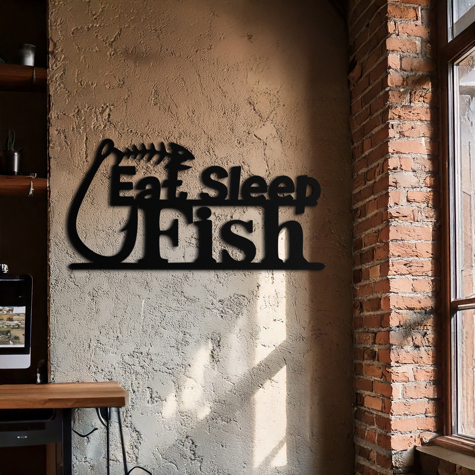 "Eat, Sleep, Fish" Metal Wall Art – Fishing Enthusiast Design with Hook and Phrase- KAF670
