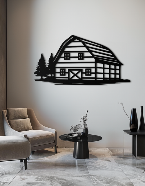 Load image into Gallery viewer, Rustic Barn and Pine Trees Metal Wall Art – Country House Landscape Silhouette Decor- KAF681