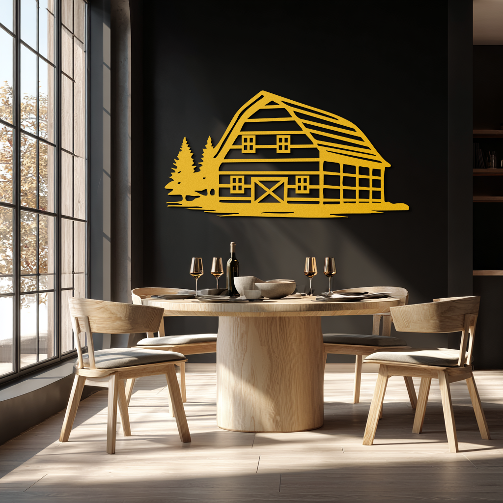Rustic Barn and Pine Trees Metal Wall Art – Country House Landscape Silhouette Decor- KAF681