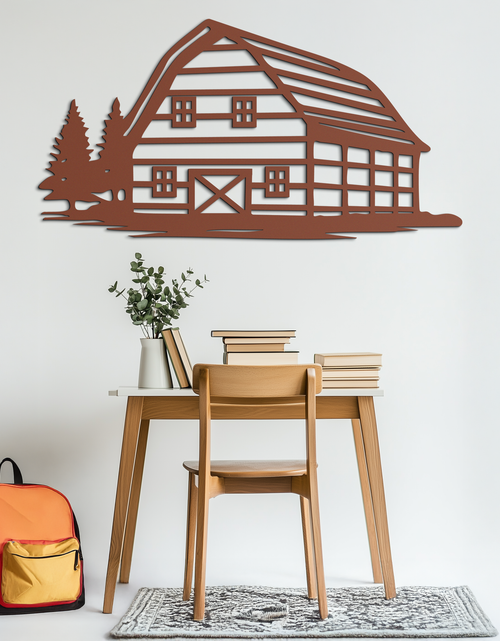 Load image into Gallery viewer, Rustic Barn and Pine Trees Metal Wall Art – Country House Landscape Silhouette Decor- KAF681