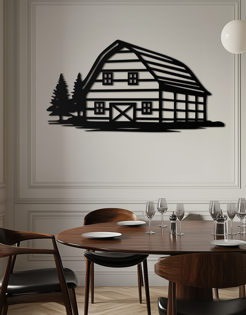 Load image into Gallery viewer, Rustic Barn and Pine Trees Metal Wall Art – Country House Landscape Silhouette Decor- KAF681