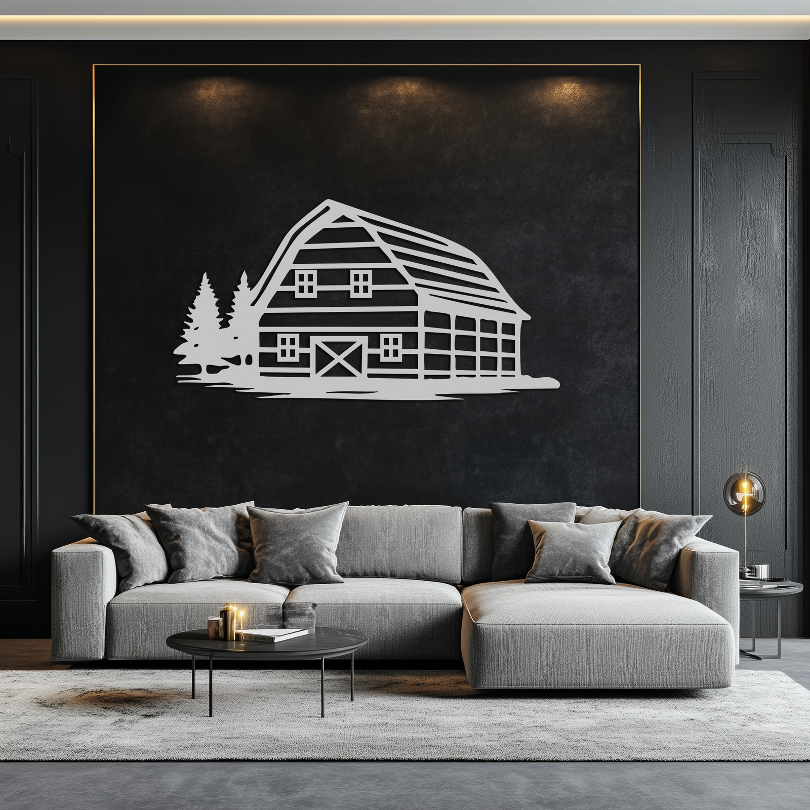 Rustic Barn and Pine Trees Metal Wall Art – Country House Landscape Silhouette Decor- KAF681