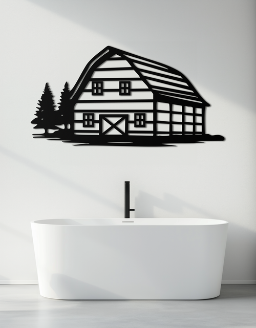 Load image into Gallery viewer, Rustic Barn and Pine Trees Metal Wall Art – Country House Landscape Silhouette Decor- KAF681