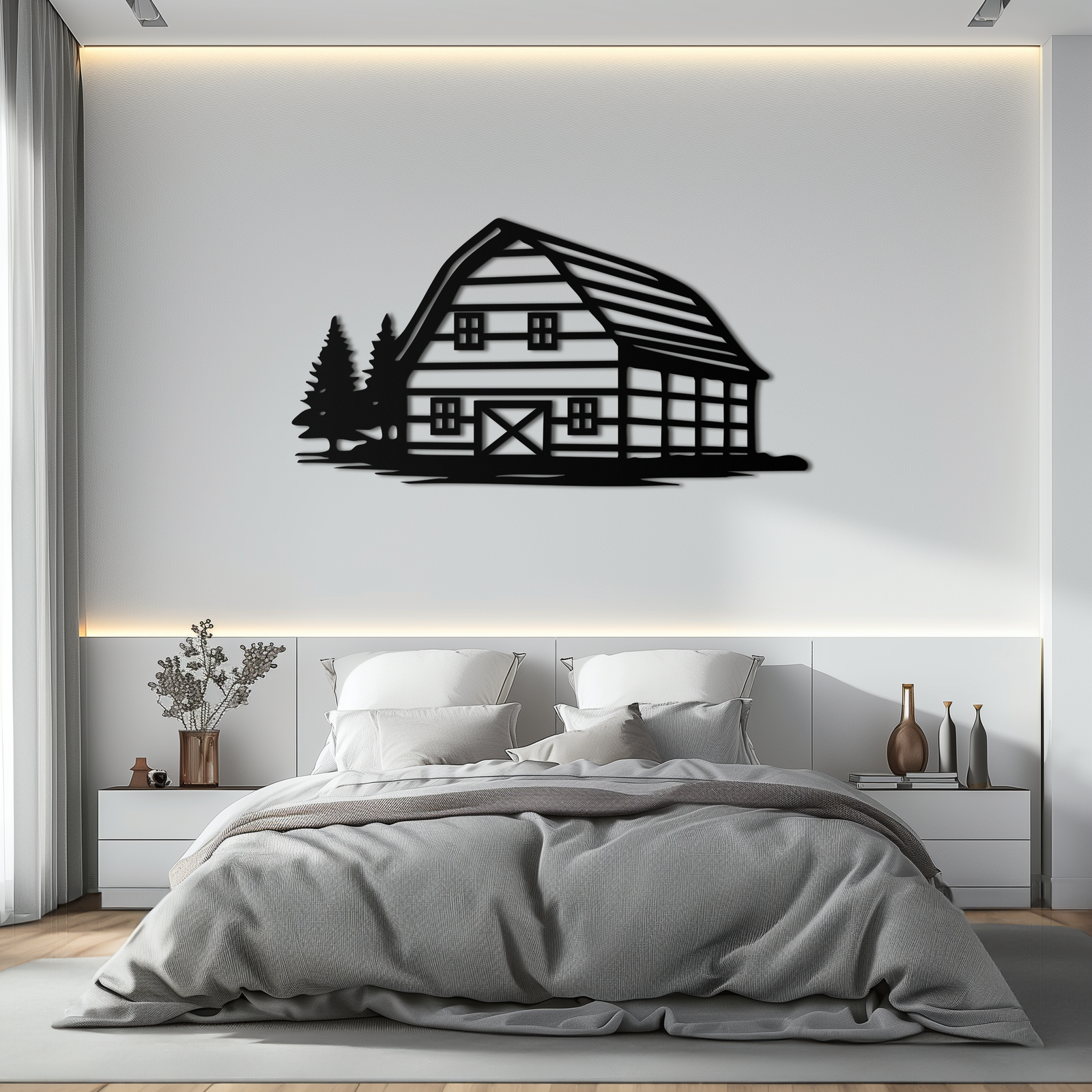 Rustic Barn and Pine Trees Metal Wall Art – Country House Landscape Silhouette Decor- KAF681