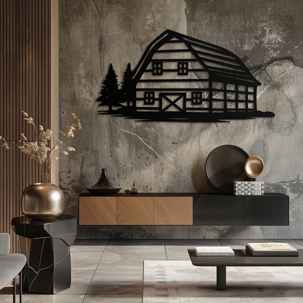 Rustic Barn and Pine Trees Metal Wall Art – Country House Landscape Silhouette Decor- KAF681