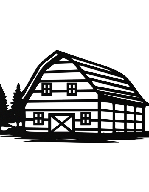 Load image into Gallery viewer, Rustic Barn and Pine Trees Metal Wall Art – Country House Landscape Silhouette Decor- KAF681