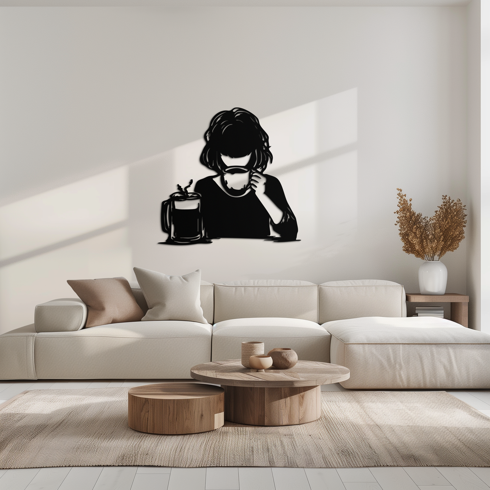 Coffee Girl Silhouette Metal Wall Art – Cozy Black Modern Home Decor for Coffee - KAF683