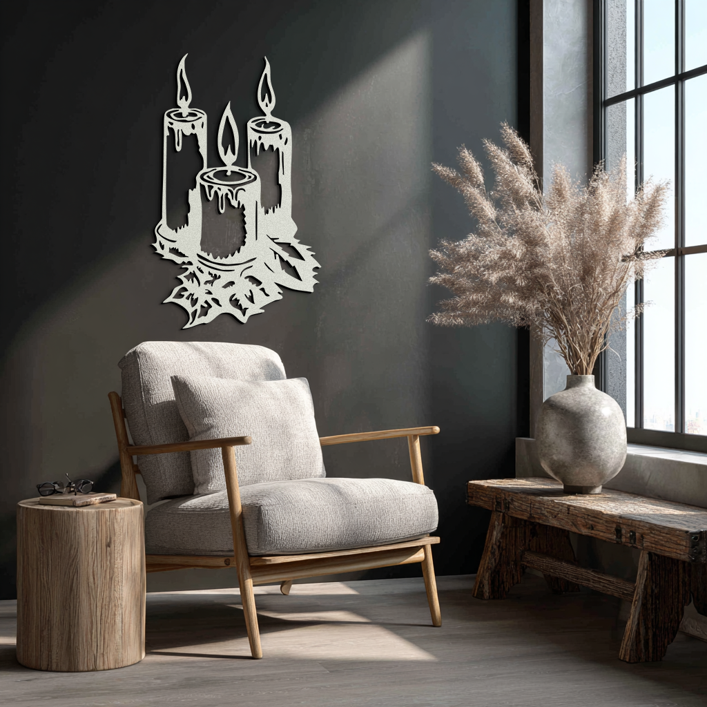 Three Candle Silhouette Metal Wall Art – Elegant Festive Decor for Cozy Interiors- KAF687