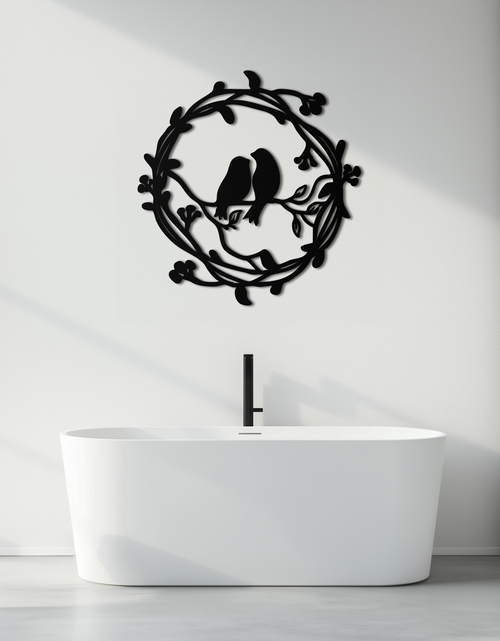 Load image into Gallery viewer, Two Birds on Wreath Branch Metal Wall Art – Romantic Nature-Inspired Round Design- KAF702