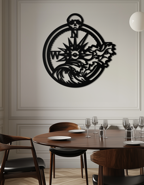 Load image into Gallery viewer, Nautical Compass Wave Metal Wall Art – Ocean Storm and Skull Design Decor- KAF704
