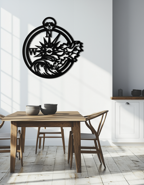 Load image into Gallery viewer, Nautical Compass Wave Metal Wall Art – Ocean Storm and Skull Design Decor- KAF704