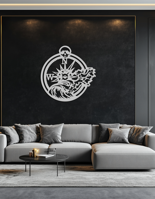 Load image into Gallery viewer, Nautical Compass Wave Metal Wall Art – Ocean Storm and Skull Design Decor- KAF704