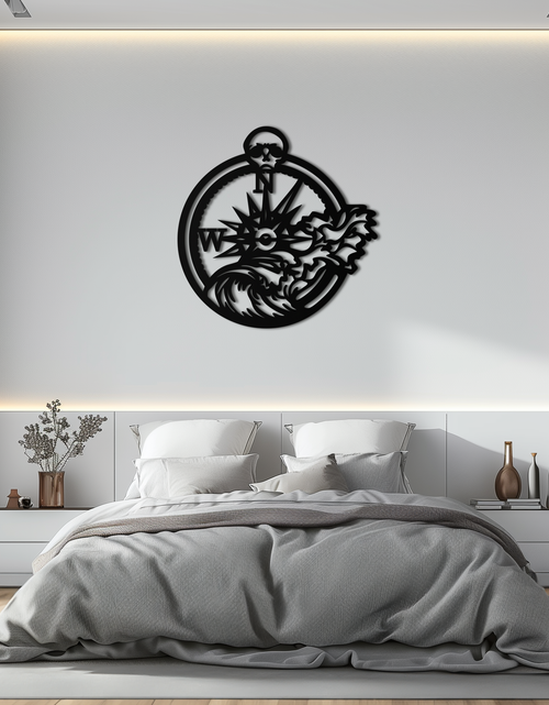 Load image into Gallery viewer, Nautical Compass Wave Metal Wall Art – Ocean Storm and Skull Design Decor- KAF704