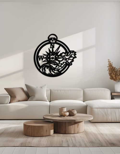 Load image into Gallery viewer, Nautical Compass Wave Metal Wall Art – Ocean Storm and Skull Design Decor- KAF704