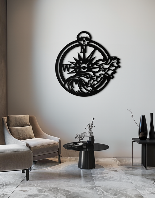Load image into Gallery viewer, Nautical Compass Wave Metal Wall Art – Ocean Storm and Skull Design Decor- KAF704
