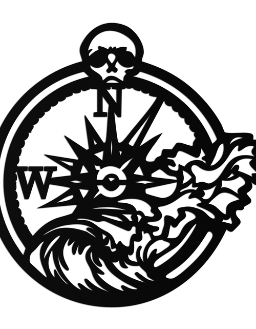 Load image into Gallery viewer, Nautical Compass Wave Metal Wall Art – Ocean Storm and Skull Design Decor- KAF704