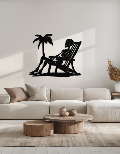 Load image into Gallery viewer, Sunbathing Skeleton Metal Wall Art – Tropical Palm Tree Beach Decor- KAF706