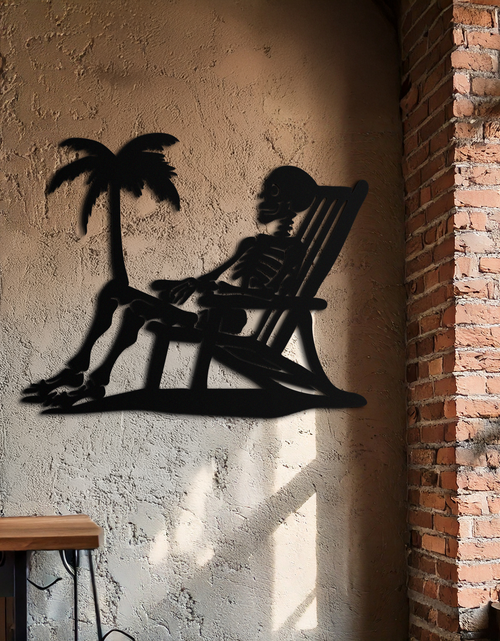 Load image into Gallery viewer, Sunbathing Skeleton Metal Wall Art – Tropical Palm Tree Beach Decor- KAF706