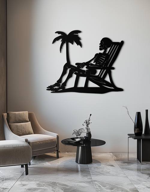 Load image into Gallery viewer, Sunbathing Skeleton Metal Wall Art – Tropical Palm Tree Beach Decor- KAF706