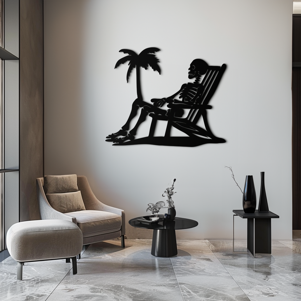 Sunbathing Skeleton Metal Wall Art – Tropical Palm Tree Beach Decor- KAF706