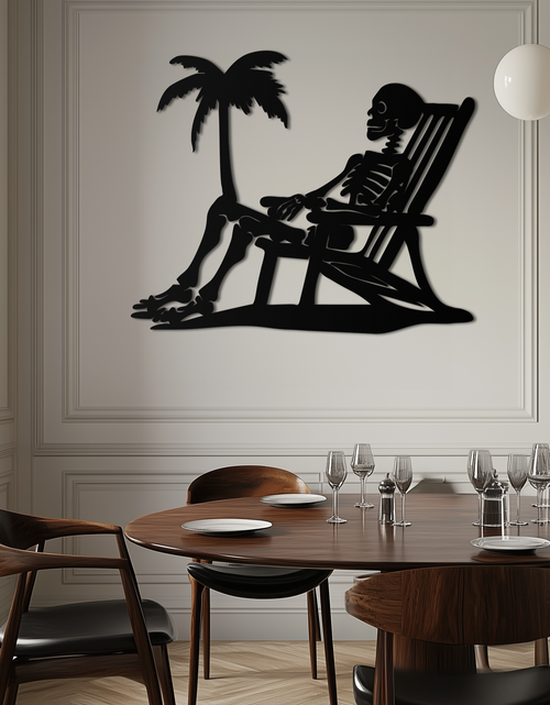Load image into Gallery viewer, Sunbathing Skeleton Metal Wall Art – Tropical Palm Tree Beach Decor- KAF706