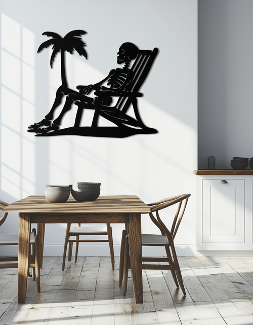 Load image into Gallery viewer, Sunbathing Skeleton Metal Wall Art – Tropical Palm Tree Beach Decor- KAF706