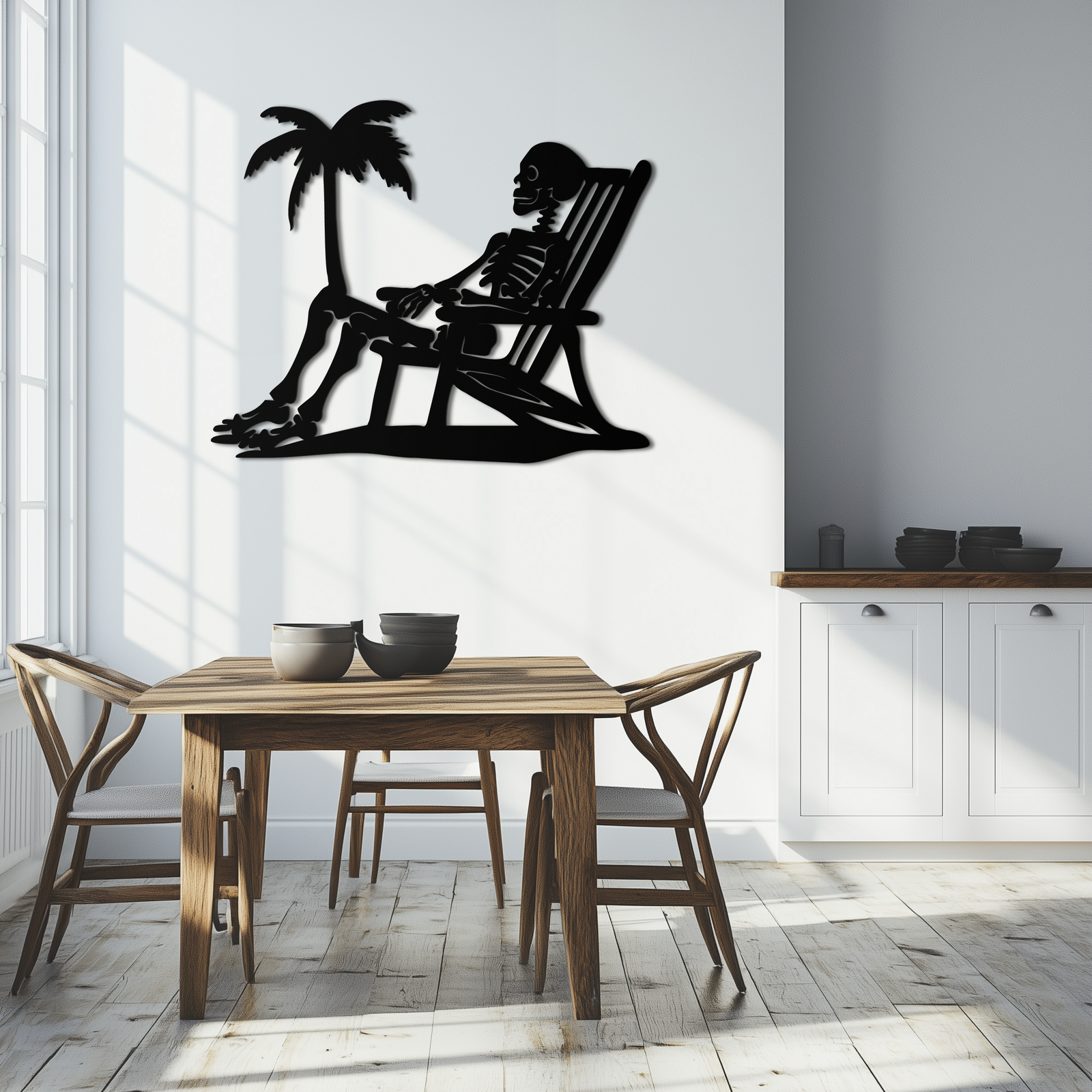 Sunbathing Skeleton Metal Wall Art – Tropical Palm Tree Beach Decor- KAF706