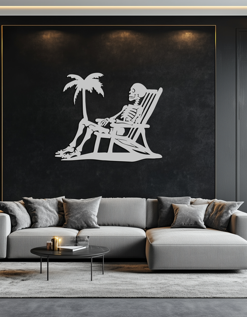 Load image into Gallery viewer, Sunbathing Skeleton Metal Wall Art – Tropical Palm Tree Beach Decor- KAF706