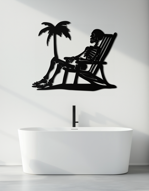 Load image into Gallery viewer, Sunbathing Skeleton Metal Wall Art – Tropical Palm Tree Beach Decor- KAF706