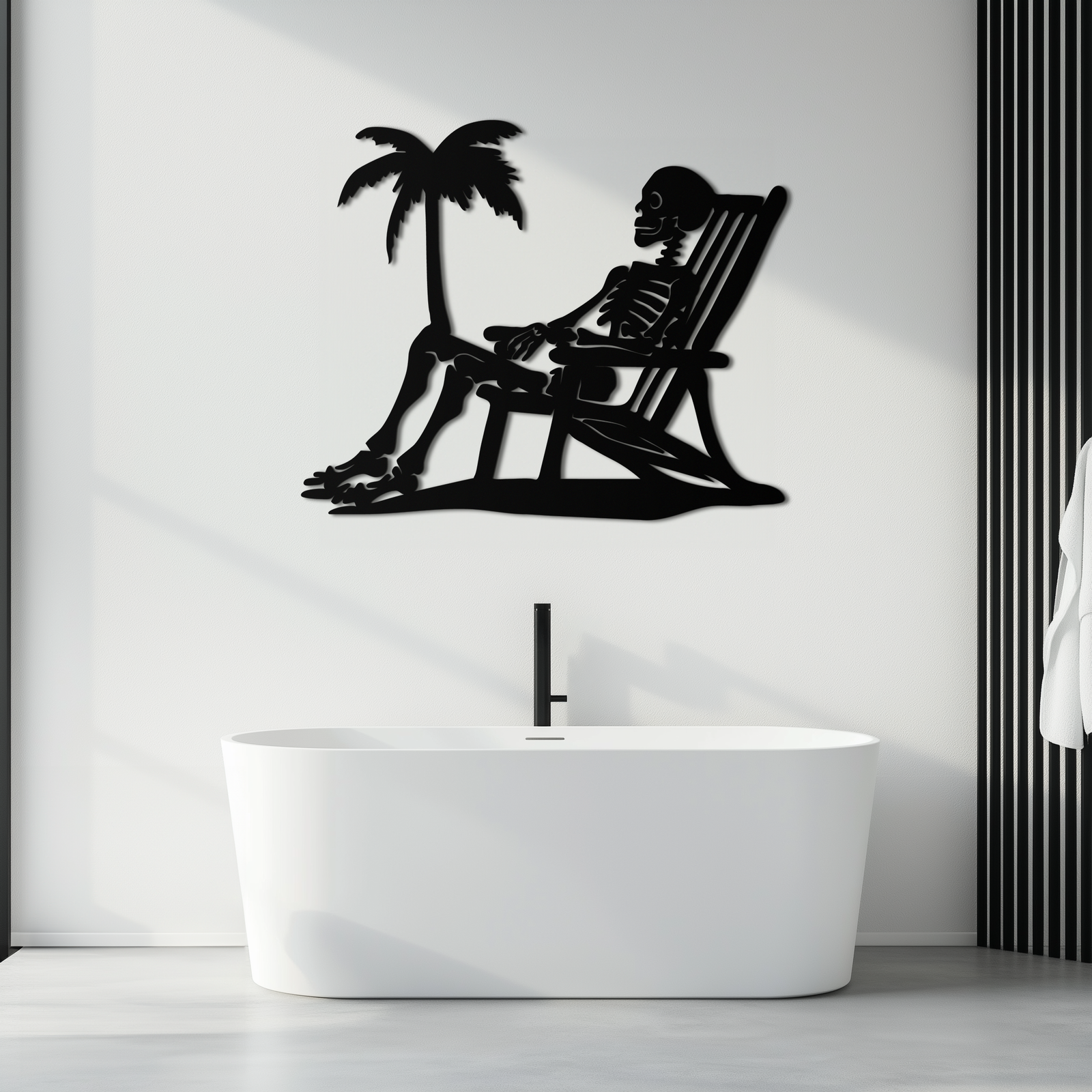 Sunbathing Skeleton Metal Wall Art – Tropical Palm Tree Beach Decor- KAF706