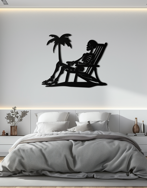 Load image into Gallery viewer, Sunbathing Skeleton Metal Wall Art – Tropical Palm Tree Beach Decor- KAF706