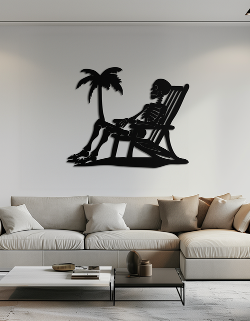 Load image into Gallery viewer, Sunbathing Skeleton Metal Wall Art – Tropical Palm Tree Beach Decor- KAF706