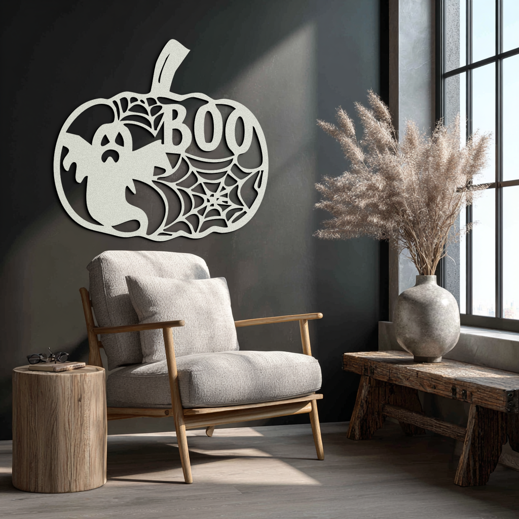 Halloween Pumpkin Ghost Metal Wall Art – Spooky Black Steel Holiday Decoration- KAF501