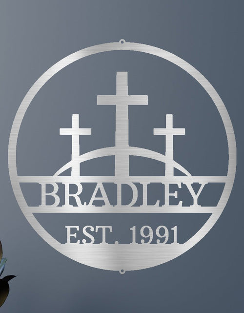 Load image into Gallery viewer, Three Crosses Jesus Personalized Gifts - Custom Metal Sign, In Loving Memory