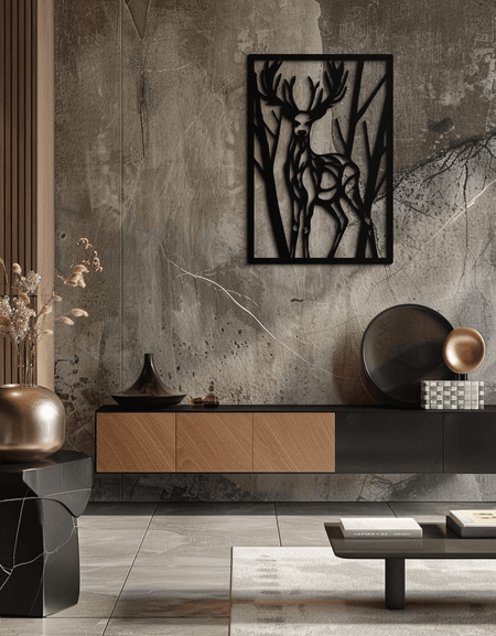 Metal Deer Wall Art - Modern Stag Metal Wall Decor - Forest Theme Metal Wall Hanging - Laser Cut Metal Artwork for Living Room, Dining Room & Office - KAF001