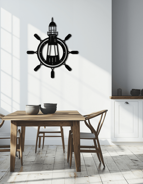 Load image into Gallery viewer, Lighthouse and Ship Wheel Metal Wall Art - Nautical Steel Wall Decor - KAF028
