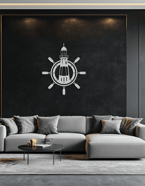 Load image into Gallery viewer, Lighthouse and Ship Wheel Metal Wall Art - Nautical Steel Wall Decor - KAF028
