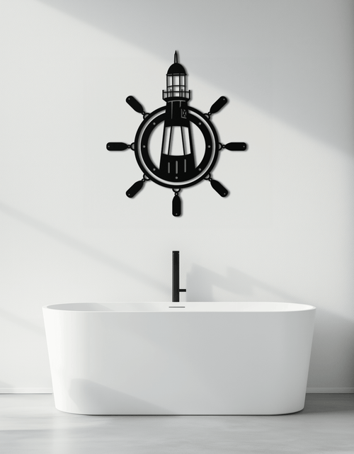 Load image into Gallery viewer, Lighthouse and Ship Wheel Metal Wall Art - Nautical Steel Wall Decor - KAF028
